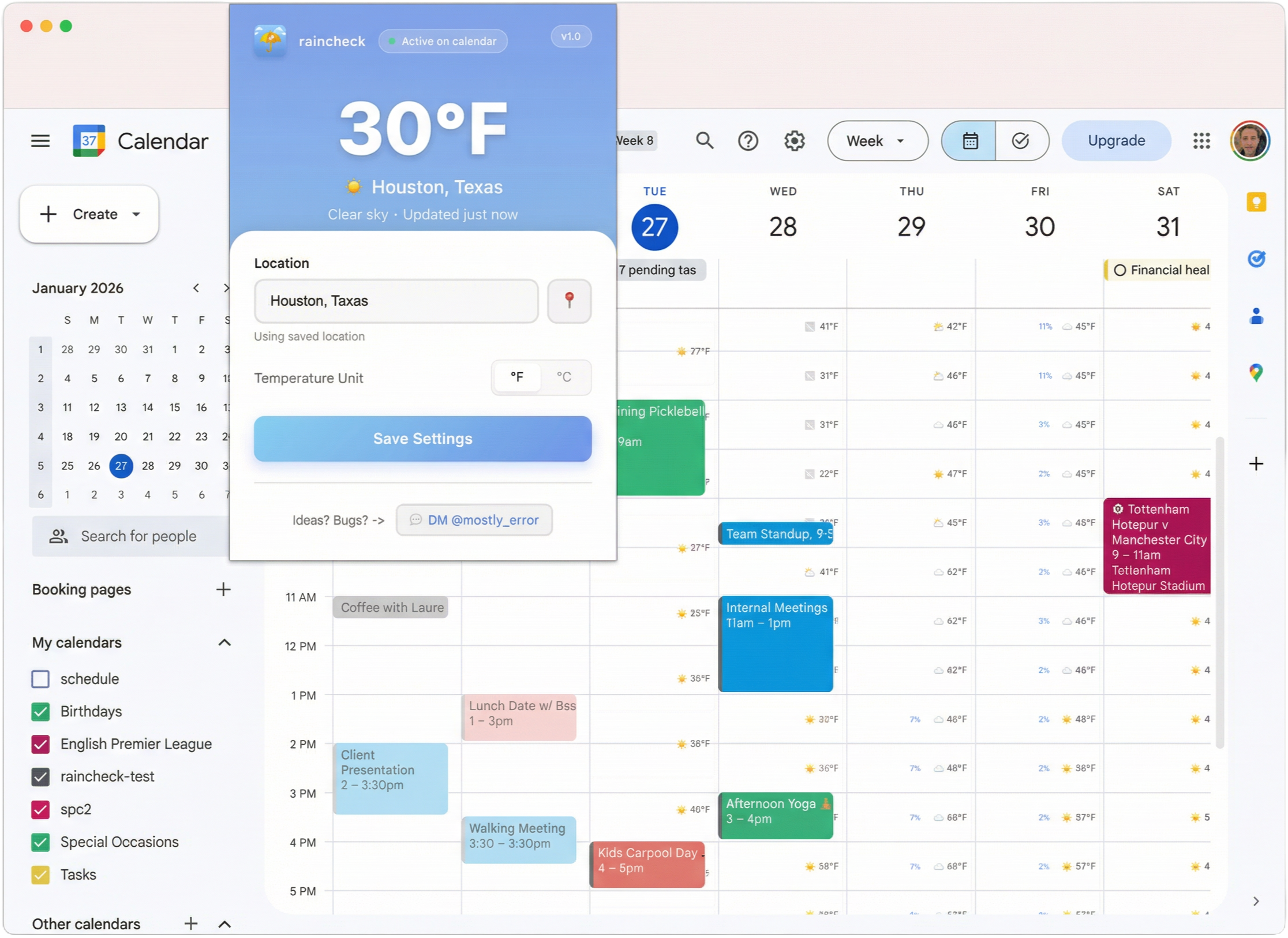 Raincheck weather overlay on Google Calendar